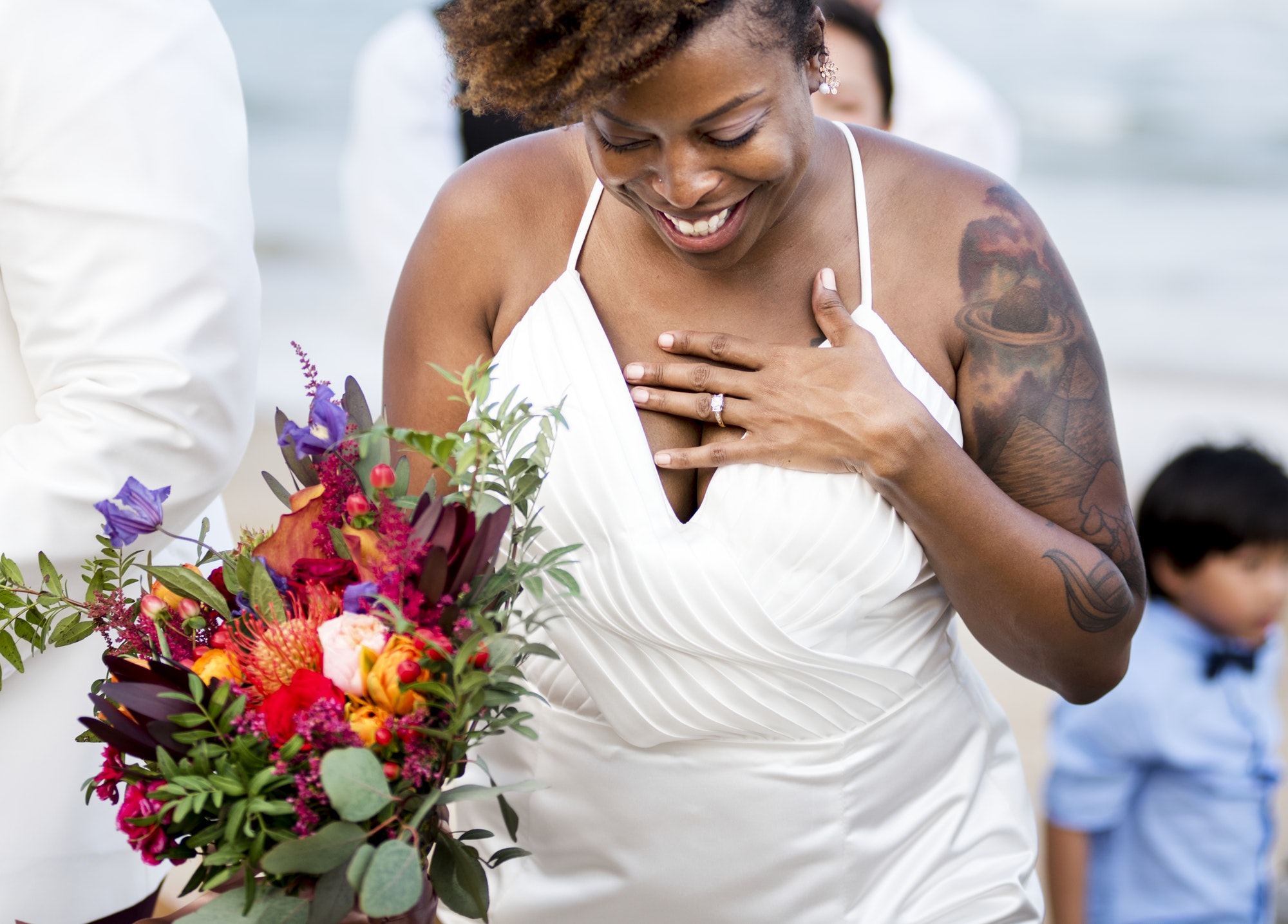 Happy bride and groom in a wedding ceremony at a tropical island