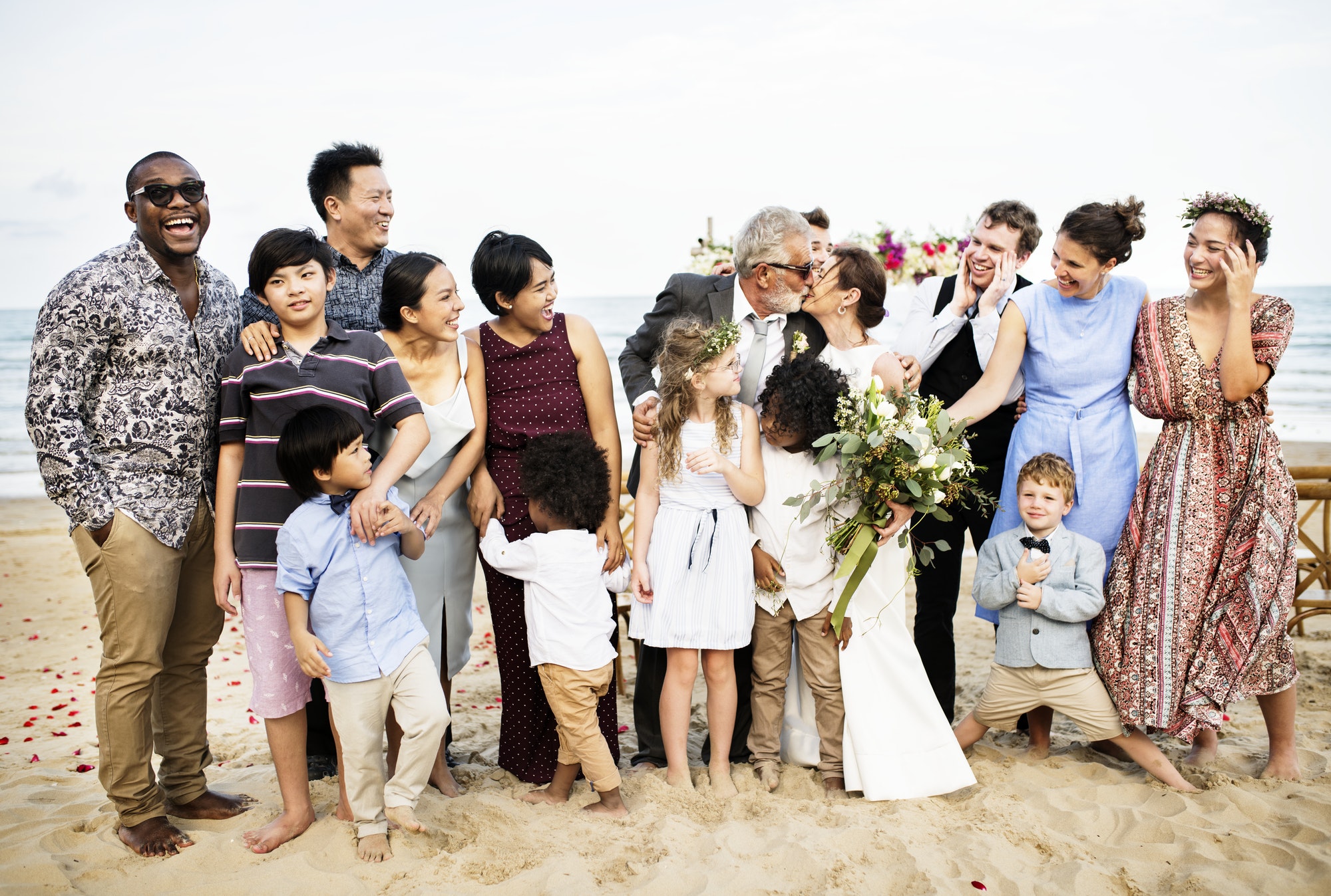 Happy friends and family at a wedding party