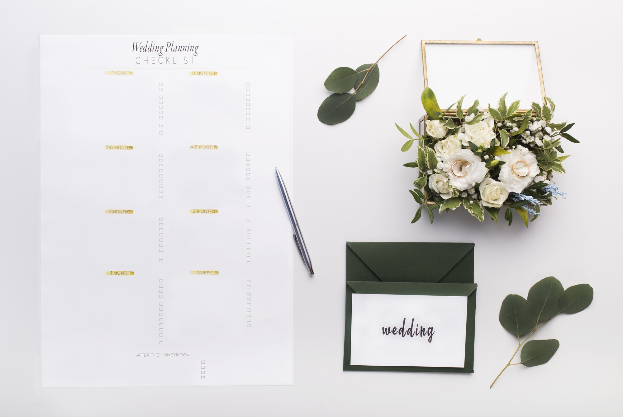 Wedding planning checklist with postcards on white background